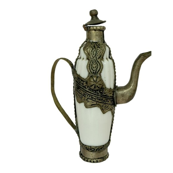 Vtg Middle Eastern White Fluted Ceramic Pot Metal Handle Lid Ornate Brass - Picture 8 of 9